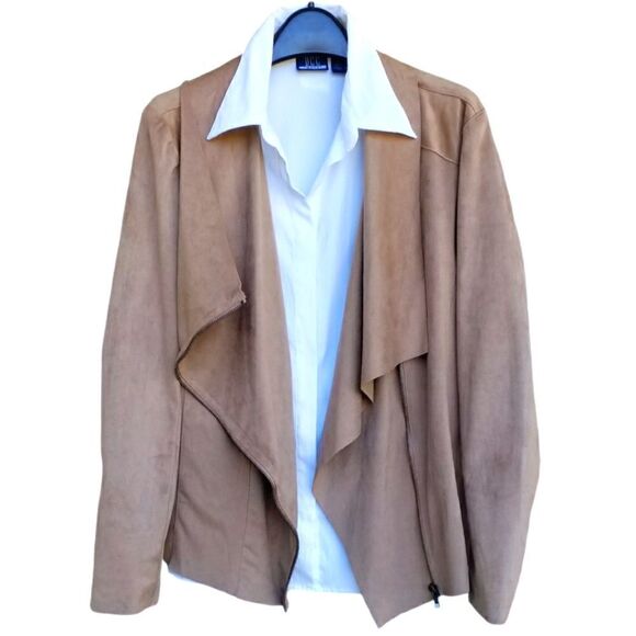 MOTE Moto Jacket Faux Brown Suede Long Sleeve Waterfall Front Zip Size M - Picture 2 of 8